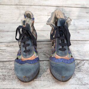 Rovers Floral Leather Lace-Up Ankle Boots Blue Multicolor Boho – US Women’s 10